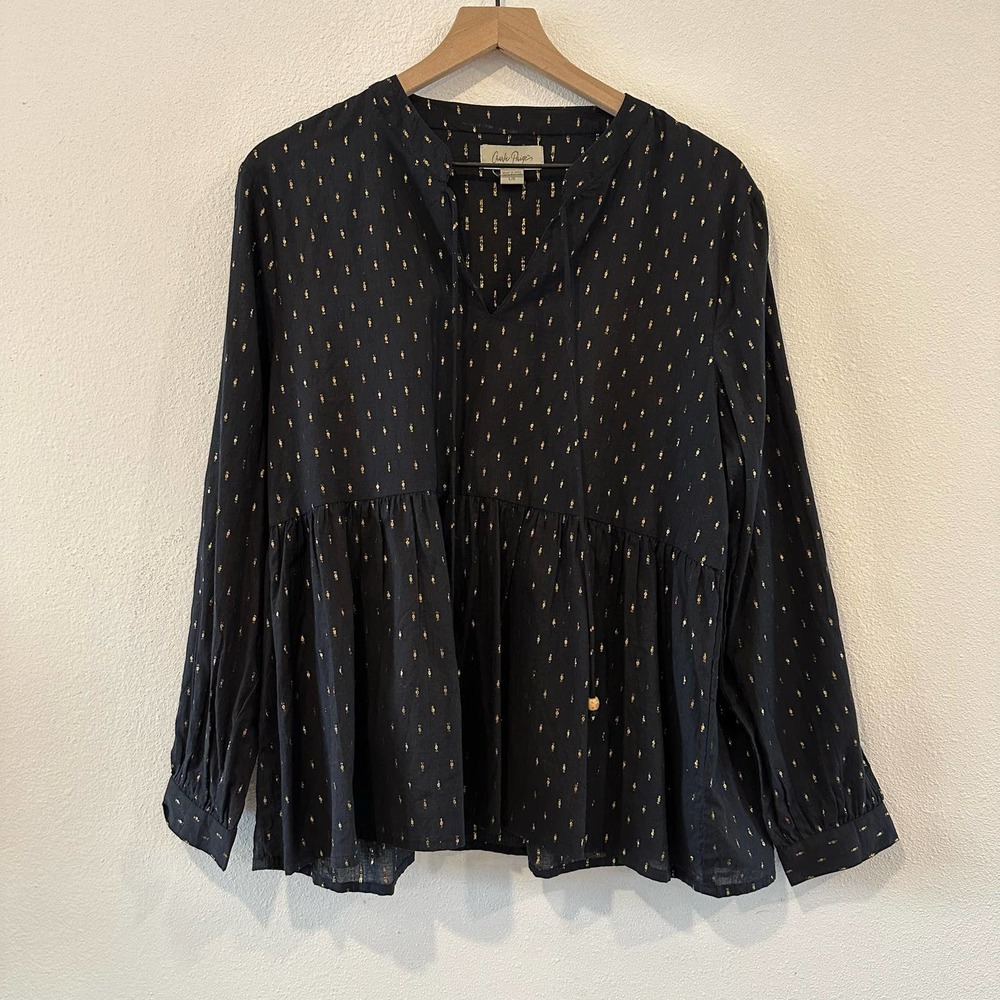 Charlie Parker Gold Detail Boho Peplum Tie Neck Blouse |P3